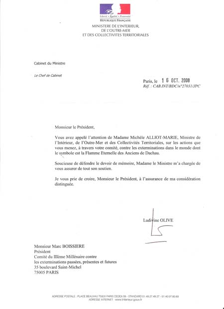 lettre de soutien de Michèle Alliot-Marie à la Flamme