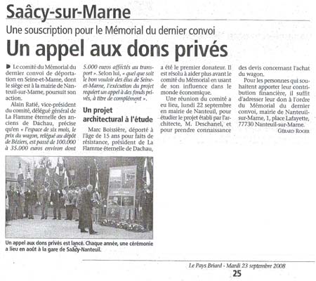 article journal sur l'appel aux dons pour le wagon-musée de Nanteuil-Saacy
