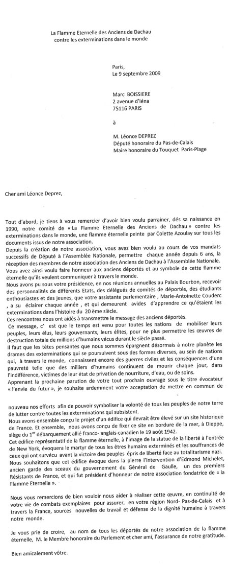 Echange entre Marc Boissière et Léonce Deprez au sujet d'un projet d'édifice dédié aux anciens de Dachau