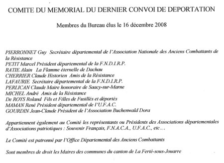 Comité du Mémorial du dernier convoi de déportation : membres du Bureau élus