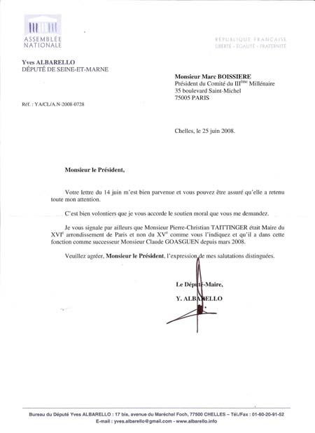 Lettre du soutien de Mr Yves Albarello, Député de Seine-et-Marne, à la Flamme Eternelle des Anciens déportés de Dachau